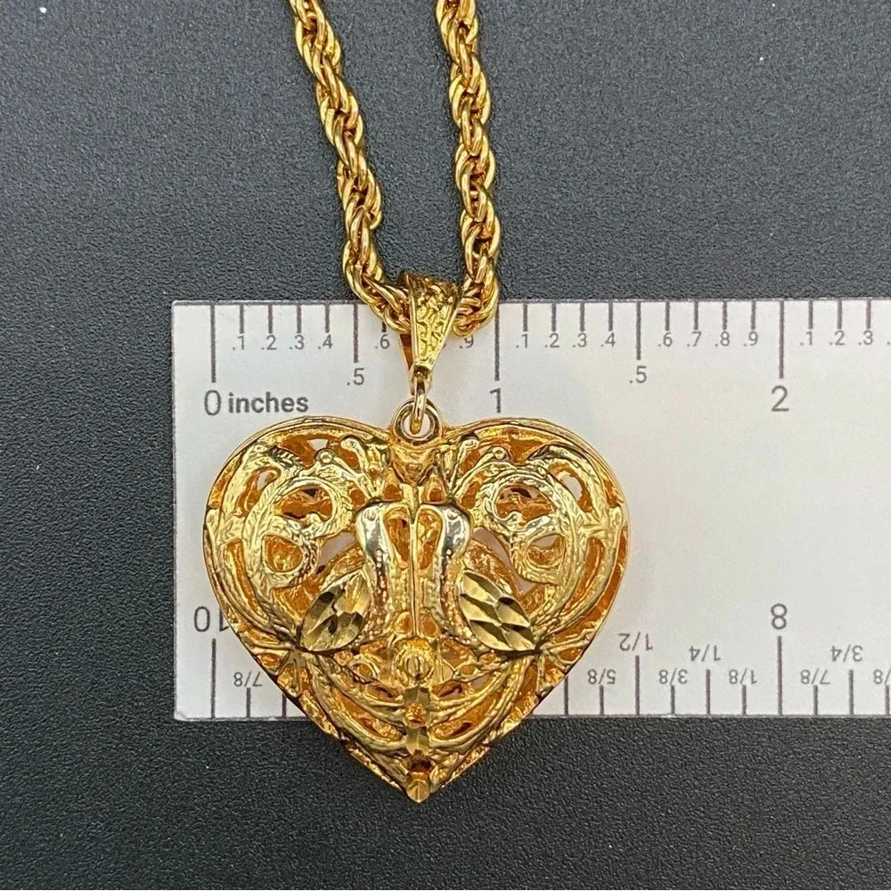 Vintage Puffy Heart Necklace in Gold Tone